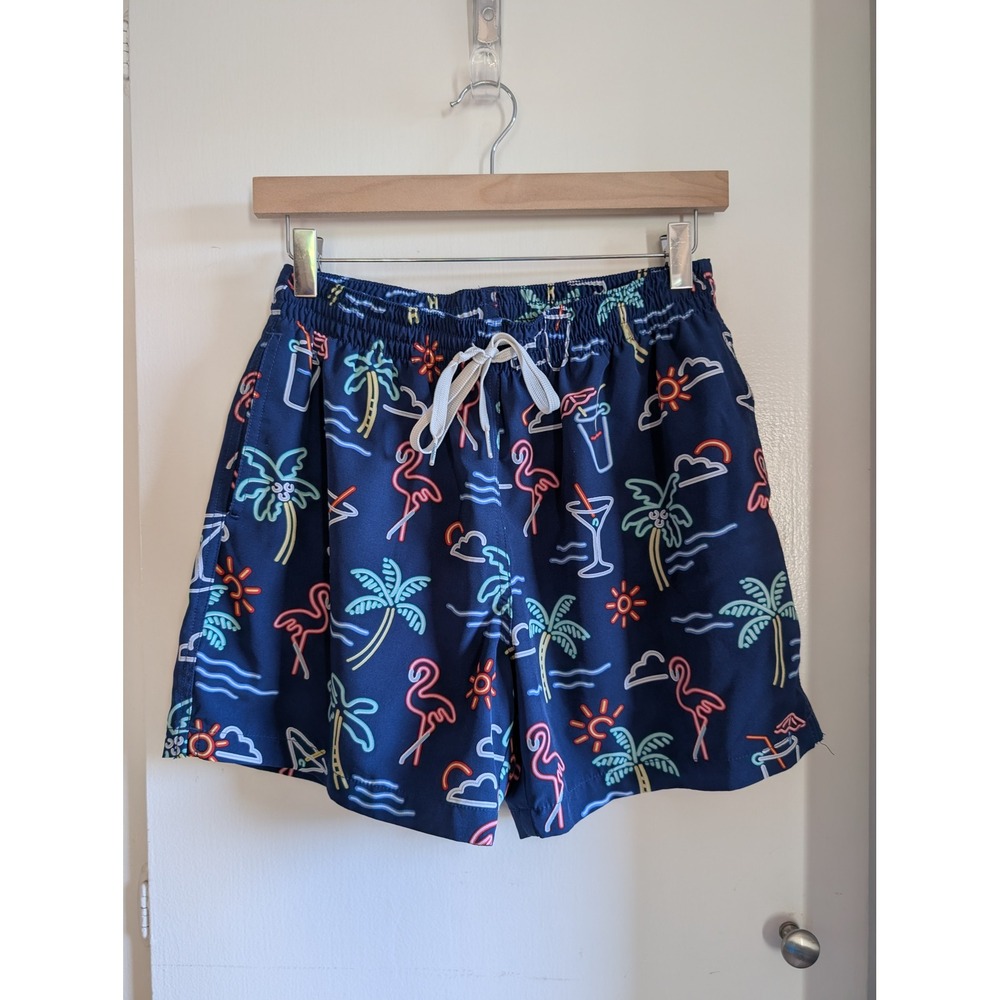 Chubbies Mens Navy Blue Neon Flamingo Palm Tree Tropical Swim Trunks Shorts READ